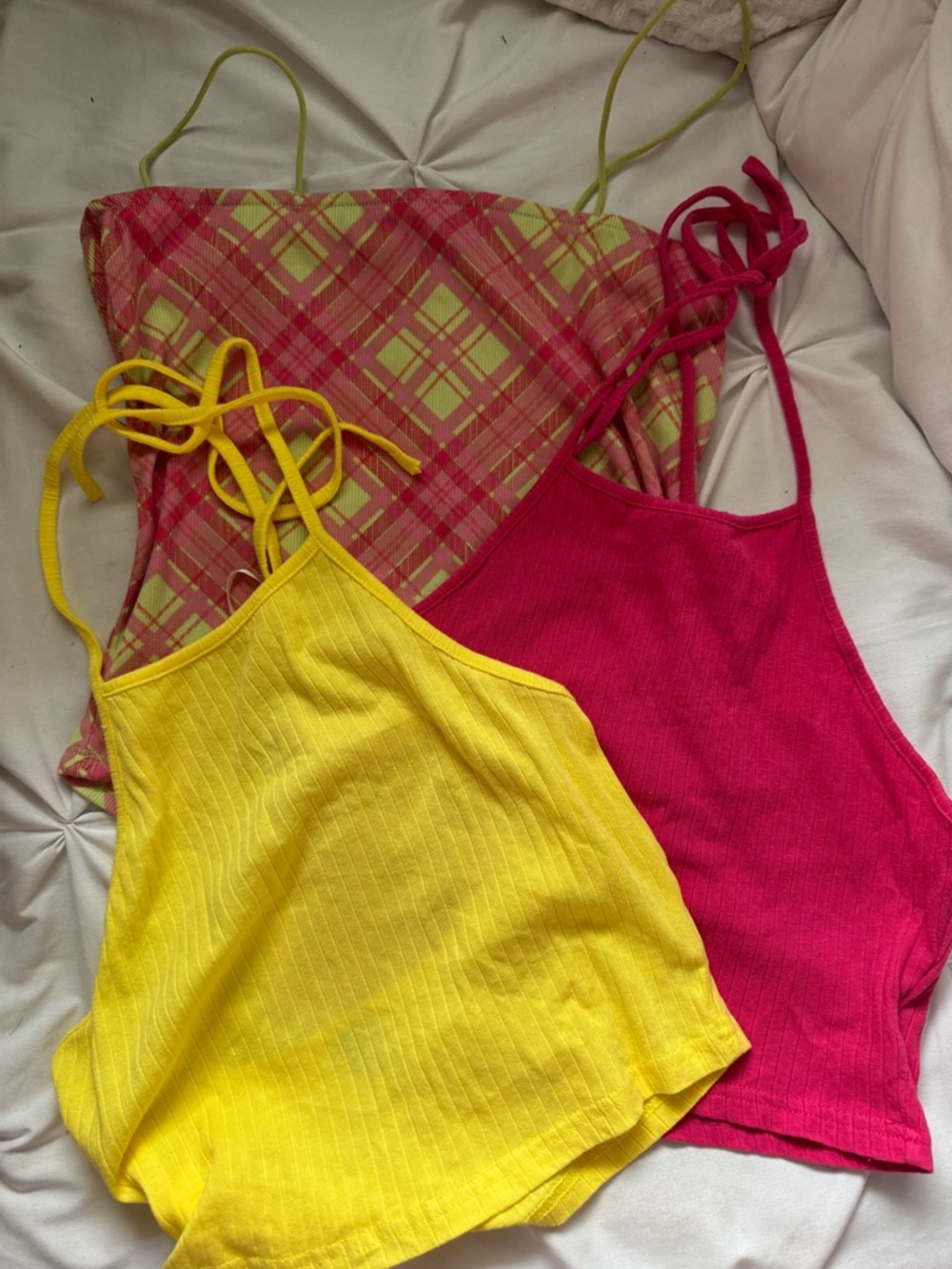 3 summer tops- lime and pink tank, Yellow and Pink Ribbed Halters